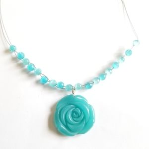 Rose necklace Y2k aqua blue rose beads wire silver tone